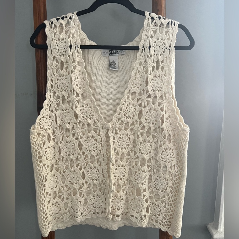Vintage Crochet Sweater Vest M Cream Floral Boho 90S Grunge Cottage